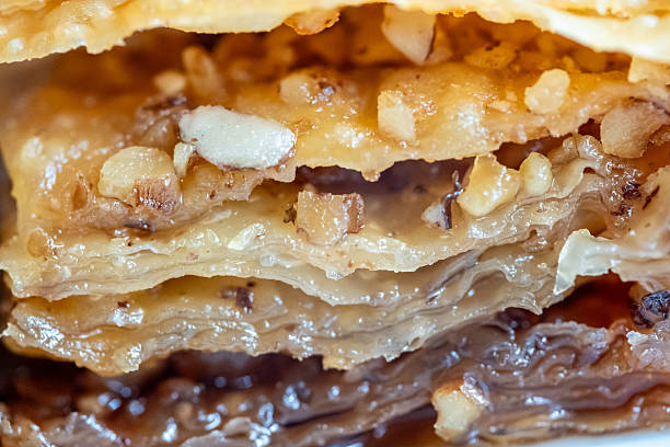 Layers of sweet baklava with nuts and honey syrup