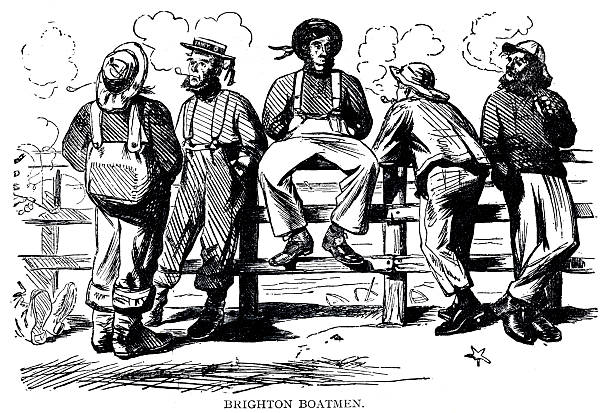Group of boatmen at Brighton on a beach in EnglandOriginal edition from my own archivesSource :  The fun library 1868Edited by J.A. HammertonLondon : Educational Book Co. Ltd.
