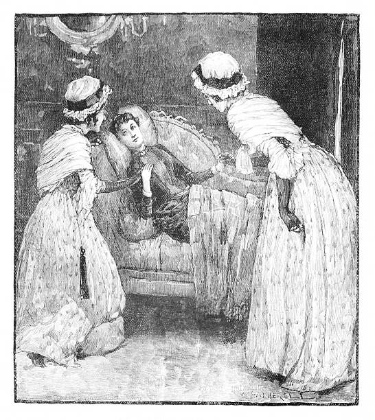 Ill man in a daybed nursed by female twins. Illustration published 1886. Original edition is from my own archives. Copyright has expired and is in Public Domain.