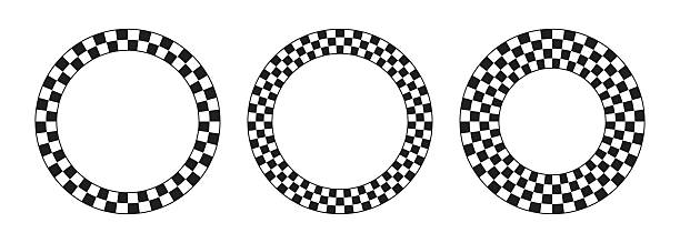 Collection of round frames with black and white checkered print. Vignettes for picture or photo with race flag or chessboard pattern. Circular geometric frameworks. Vector graphic illistration.