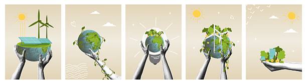 Hands holding the Earth with elements of sustainable energy and nature. Trendy halftone collage. Environmental protection and ecology conservation. Green Planet concept for an Earth Day poster or a climate change awareness poster. Vector illustration