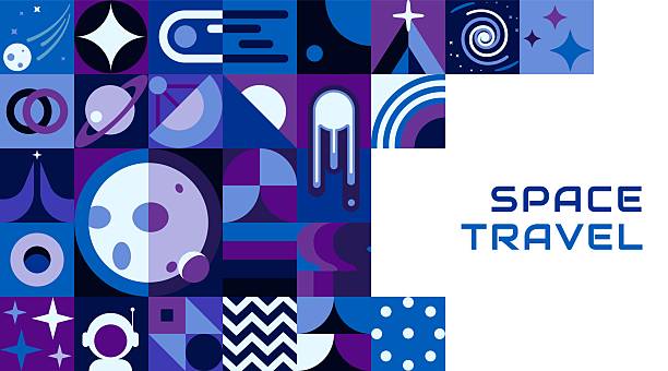Modern poster with galaxy space geometric pattern and abstract shapes, vector background. Space pattern of geometric line mosaic galaxy planets, stars and spaceman or alien UFO and rocket spaceship