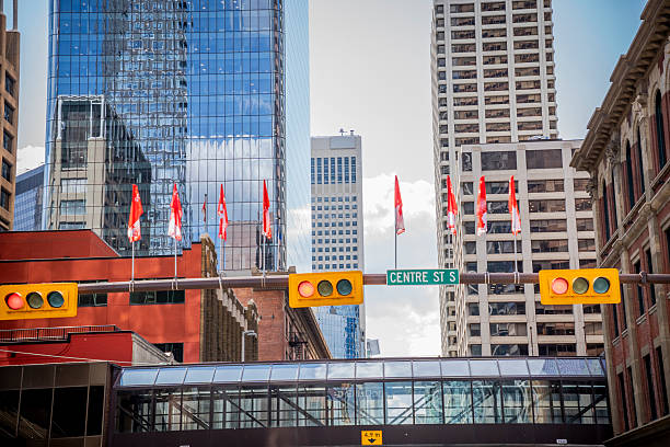 Historic Red Building and Modern Skyscrapers, Downtown Calgary