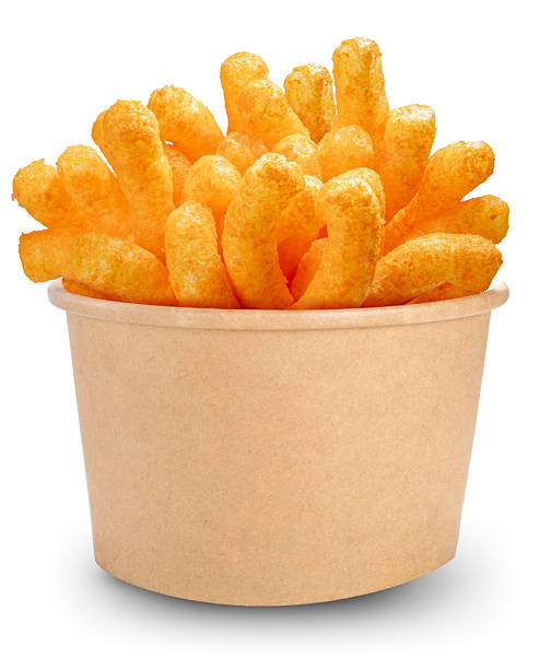 Corn snacks cheesy in paper box isolated on white background, Puff corn or Corn puffs cheese flavor on white background.