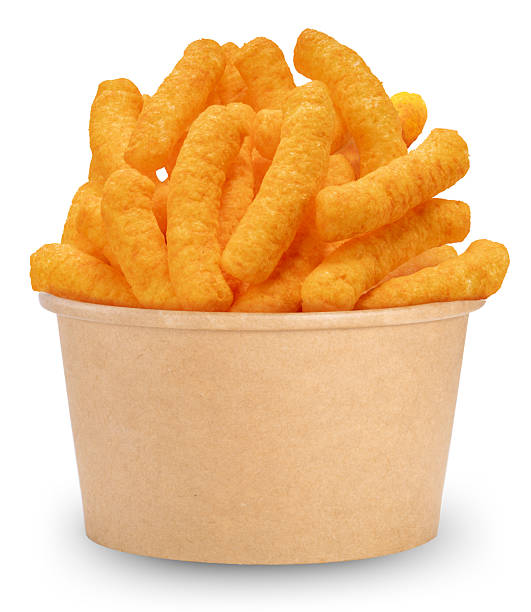 Corn snacks cheesy in paper box isolated on white background, Puff corn or Corn puffs cheese flavor on white background.