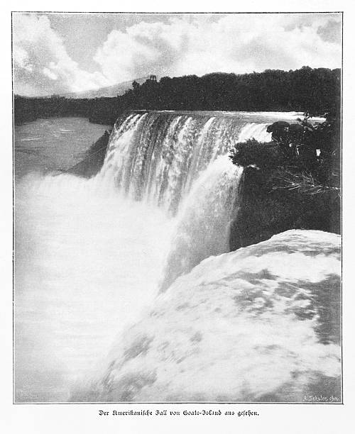 Authentic 19th-century black and white illustration depicting the American Falls, part of Niagara Falls, as viewed from Goat Island. The image captures the immense power and natural beauty of the waterfall and the surrounding landscape. Originally captioned in German: 'Der Amerikanische Fall von Goats-Island aus gesehen.'