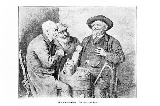 Authentic 19th-century engraving after a painting by Eduard Grütner, titled 'Beim Sterneckerbräu' (At the Sterneckerbräu). The image depicts a classic genre scene of three elderly Bavarian men socializing and drinking beer in a traditional German tavern or beer cellar. They are gathered around a wooden barrel serving as a table, holding beer steins. The atmosphere is one of camaraderie and leisure, characteristic of Grütner's work.