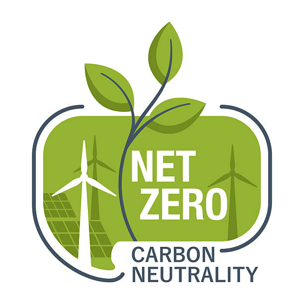 Net Zero emblem - CO2 neutral. Carbon neutrality - no air atmosphere pollution industrial production. Globe shape and leaves, flat geometric style