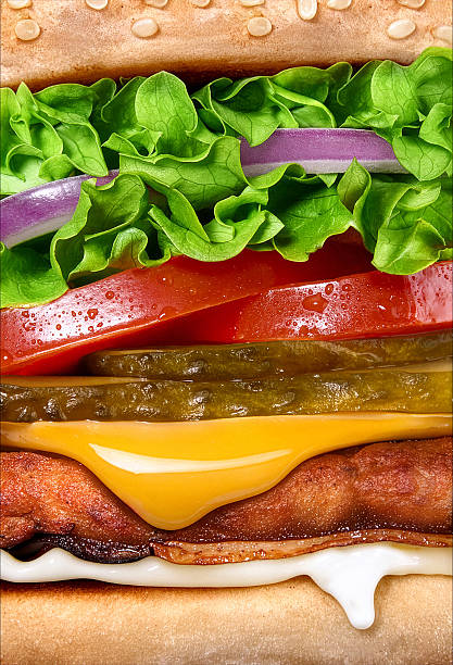 Burger Close Up with Fresh Ingredients Melted Cheese and Bacon