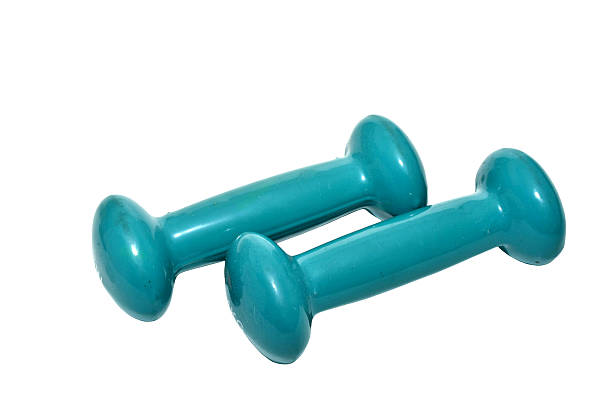 Turquoise fitness dumbbells isolated on white background.