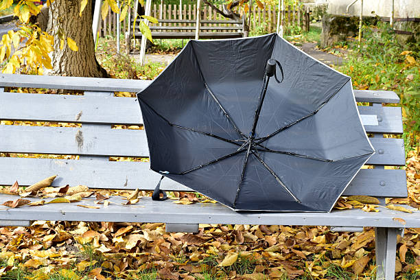 An autumn landscape. An open umbrella lies on a wooden bench. Dry yellow leaves surround the bench.