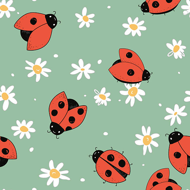 Cartoon kawaii ladybug and flowers baby seamless pattern. Ladybirds Background. Vector illustration.