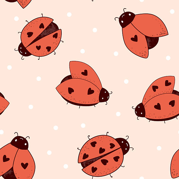 Cartoon kawaii ladybug baby seamless pattern. Background of Ladybirds with a cute hearts on wings. Vector illustration