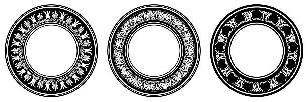 Collection of decorative round frames with Greek key, anthemion, meander, palmettes. Circle frame. Egyptian, Assyrian, Greek motif circular frame. For design textile, engraving, embroidery, plate