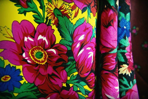 Vibrant floral patterns on traditional folk fabric texture.