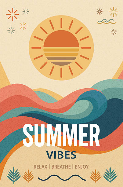 A colorful abstract summer‑themed vector featuring a bright sun, decorative shapes and vibrant waves, perfect for seasonal designs, posters and social media graphics.