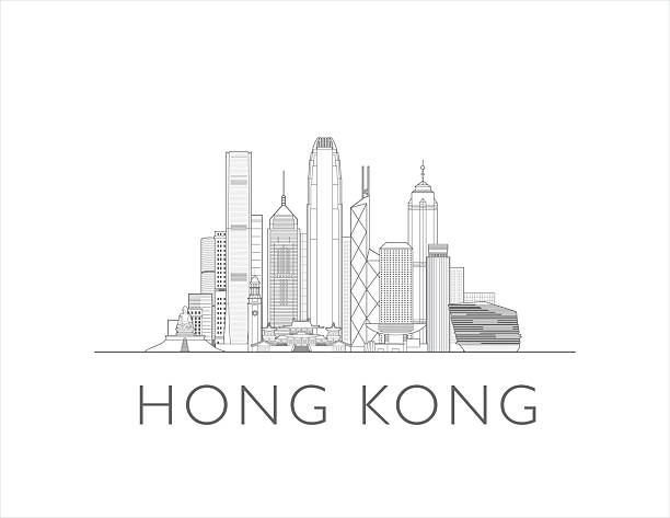 Hong Kong skyline, China. Urban cityscape with landmarks and monuments. Hand drawn line art digital skyline illustration.