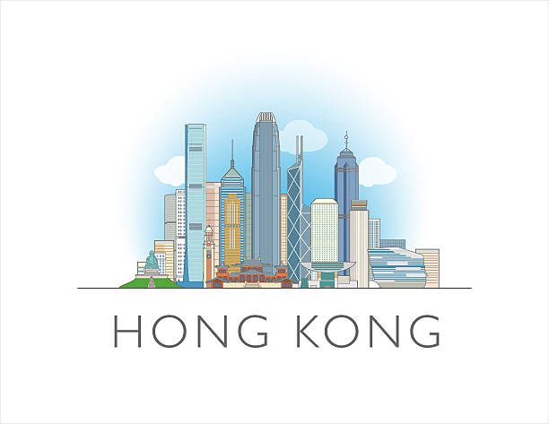 Hong Kong skyline, China. Urban cityscape with landmarks and monuments. Hand drawn line art digital skyline illustration.