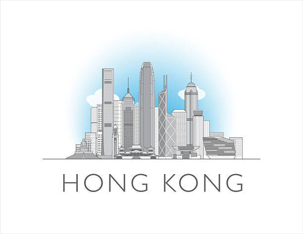 Hong Kong skyline, China. Urban cityscape with landmarks and monuments. Hand drawn line art digital skyline illustration.
