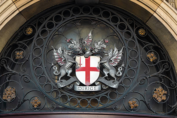 City of london coat of arms featuring dragons and the motto domine dirige nos