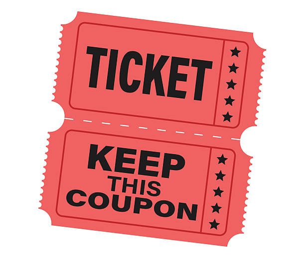 A graphic illustration of two contiguous, perforated red tickets/coupons slightly tilted. The top section reads 