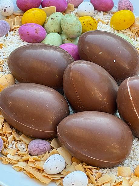 Chocolate Easter Eggs With Colourful Speckled Candy And White Chocolate Flakes