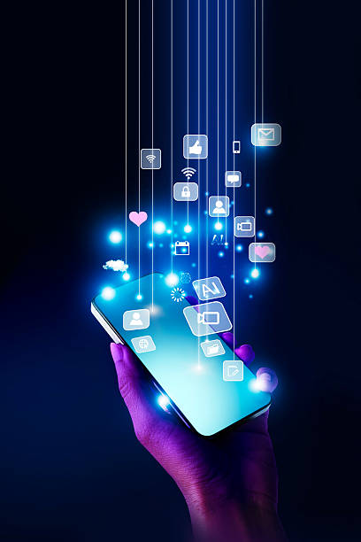 Hand holding smartphone with AI connection network data purple background. Vertical artificial Intelligence concept