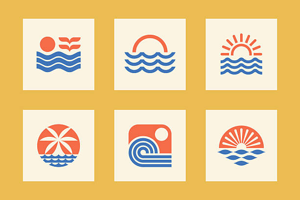 Ocean, sea, surf, sunset, wave, palm tree, beach icons.