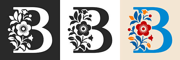 Capital letter B with floral pattern. Letter B with flowers and leaves. Creative alphabet and decorated typography letter. Vintage patterned font. Isolated on white and black. Vector illustration