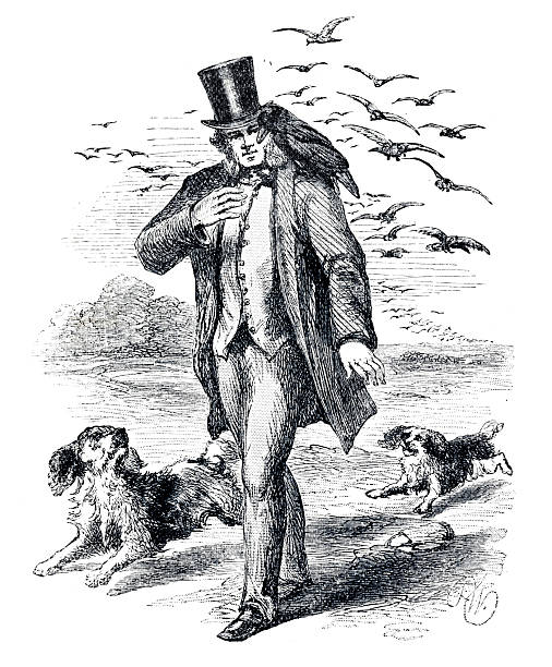 Man walks with tame ravens and dogs illustrationOriginal edition from my own archivesSource : Favourite stories about animals 1894