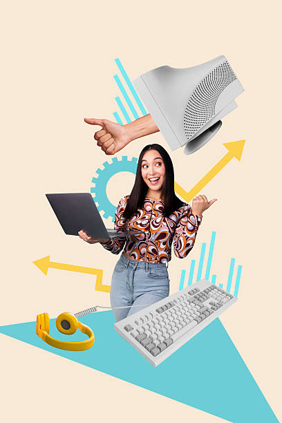 Creative 3D photo collage artwork of office manager young lady smile hold device laptop internet online keypad headphones customer service.