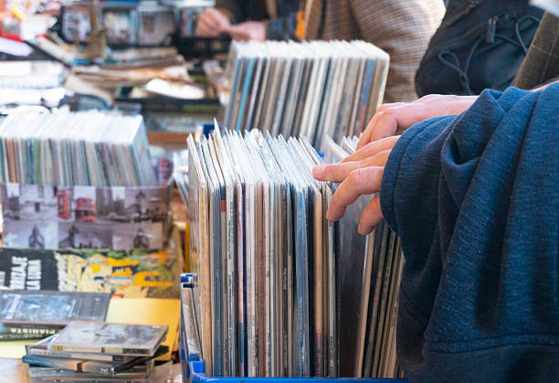 Old vinyl discs flea market
