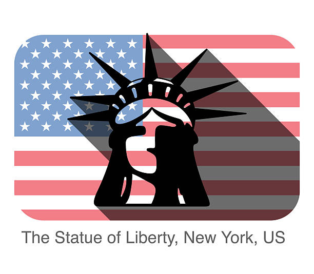 The Statue of Liberty, New York, US, landmark flat icon design, background is American national flag, Famous scenic spot