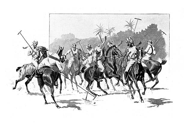 Authentic 19th-century engraving depicting a dynamic polo match in British India. The illustration shows a group of British and Indian men on horseback, actively competing in the sport. In the foreground, a player leans down to strike the ball with his mallet. This scene captures the cultural exchange and leisure activities of the British Raj era.