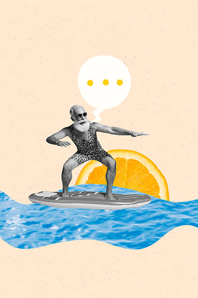 Composite image montage trend artwork 3D collage of aged man surfing stand balance board speech cloud ocean sea voyage rest summer trip.