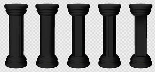 Black hexagon column. Concrete museum pillar stand with trophy podium. Antique greek pedestal for business product to show. Cylindrical plastic display monument block. Ornamental vertical frame.