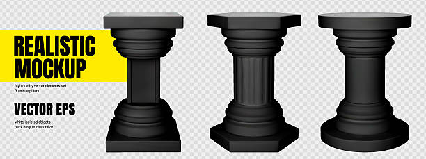 Black pillar stand. Roman plinth column with marble hexagon podium. Greek plastic architecture product pedestal. Vertical cylindrical and ornamental building object. Ancient platform show surface.