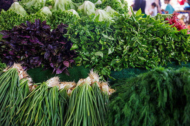 Fresh basil, spring onions and leafy greens at farmers market