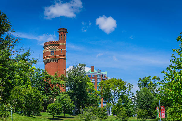 A tall brick tower stands in front of a green park. The sky is clear and blue, and the trees are lush and green. The scene is peaceful and serene