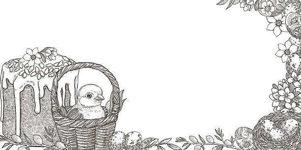 Easter banner with cute chick in basket and cake in vintage sketch style. Hand drawn vector background with nest and egg. Horizontal frame with copy space. Perfect for web design and holiday template.