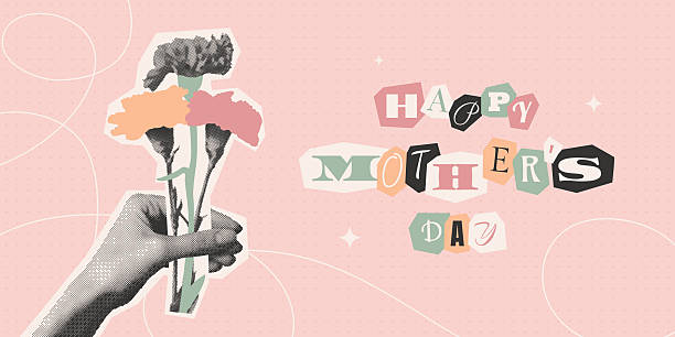 Happy Mother's day banner template in retro halftone collage style. Hand holding carnation spring flower. Vector muted pastel colors illustration for greeting, web, print, zine