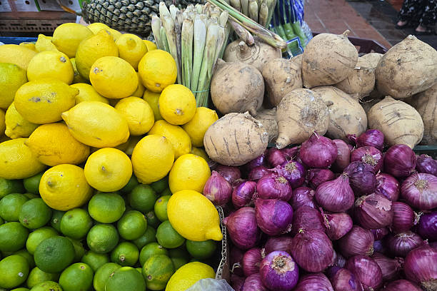 Assorted Fresh Vegetables and Citrus Fruits at a Local Market