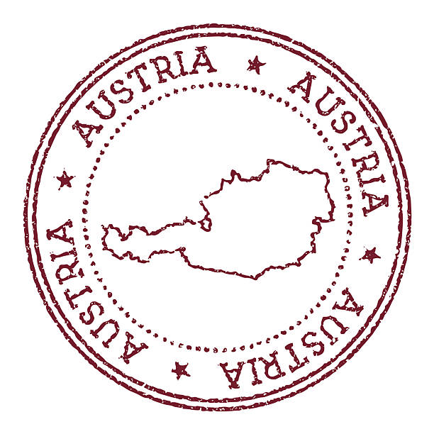 Austria round rubber stamp with country map. Vintage red passport stamp with circular text and stars, vector illustration.