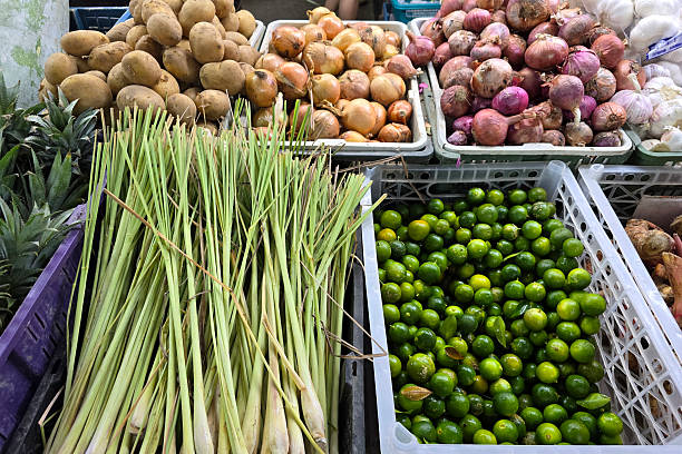 Fresh Lemongrass, Limes, Onions, and Potatoes at Local Wet Market