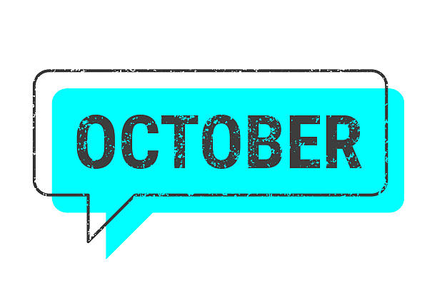 October. Speech bubble, banner, label for your own design, isolated on a white background. The speech bubble is neon blue with a black textured frame and text. Trendy banner with a grunge effect. Vector Illustration (EPS file, well layered and grouped). Easy to edit, manipulate, resize or colorize. Vector and Jpeg file of different sizes.