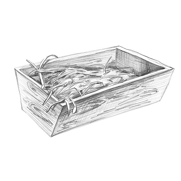 A realistic pencil drawing of a wooden bird feeder with grass. An isolated illustration for decorating farms, grocery stores, restaurants, and any spaces with a nature or agricultural theme