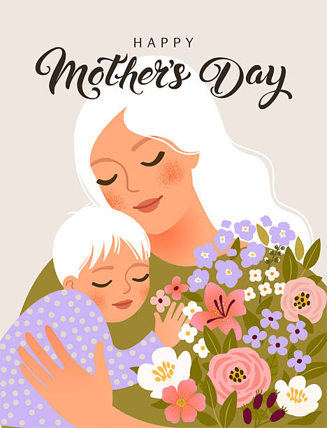 Mothers Day card. Trendy poster, postcard or cover with flowers, abstract floral pattern and mother with child illustration in flat style. Spring summer bright abstract template