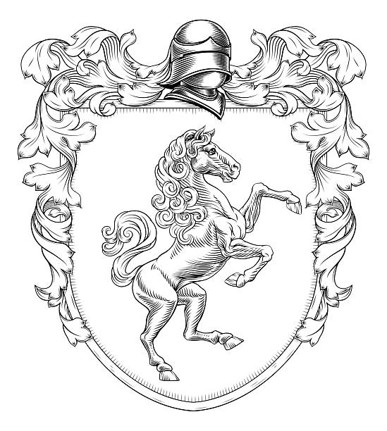 A horse coat of arms or crest family heraldry medieval heraldic knight shield with helmet and acanthus filigree scroll ornament in a vintage woodcut style.