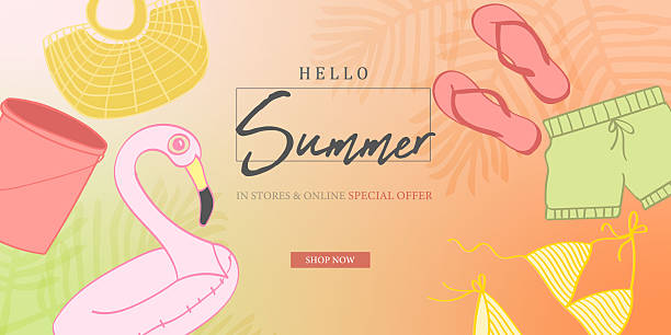 The image showcases a vibrant flat design illustration for a summer sale, featuring beach accessories like a pink flamingo, yellow beach bag, pink bucket, flip flops, green swim trunks, and bikini. Text reads 'Hello Summer' with an online special offer, perfect for attracting shoppers interested in tropical vacation wear and seasonal beach fashion.