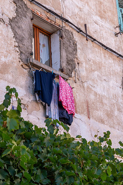 Laundry drying on a clothesline outside an old building window, with green plants below